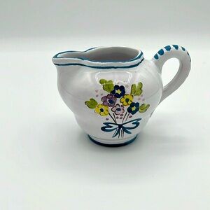 Adorable Italian Ceramic Creamer/Pitcher. Floral Design with Blue Accents.